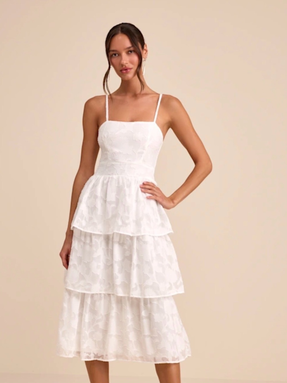 Lulus White Burnout Floral Tiered Midi Dress